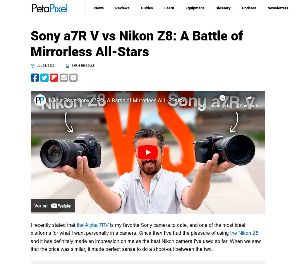 Traduo do artigo publicado pela conceituada revista PetaPixel no ltimo sbado 01/07/2023 comparando as cmeras Sony a7R V e a Nikon Z8.