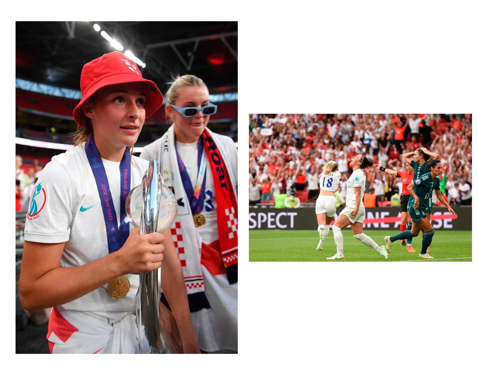 Guia profissional para conquistar o Eurocopa feminino Esquerda/acima: Ella Toone. D5 + NIKKOR AF-S 24-70 mm f/2.8G ED, 24 mm, f/2.8, 1/1600 seg, ISO 2500. Chloe Kelly e Lucy Bronze. D4S + NIKKOR AF-S 70-200 mm f/2.8G ED VR II, 200 mm, f/2.8, 1/1250 seg, ISO 800, ©Harriet Lander via Getty Images (também image