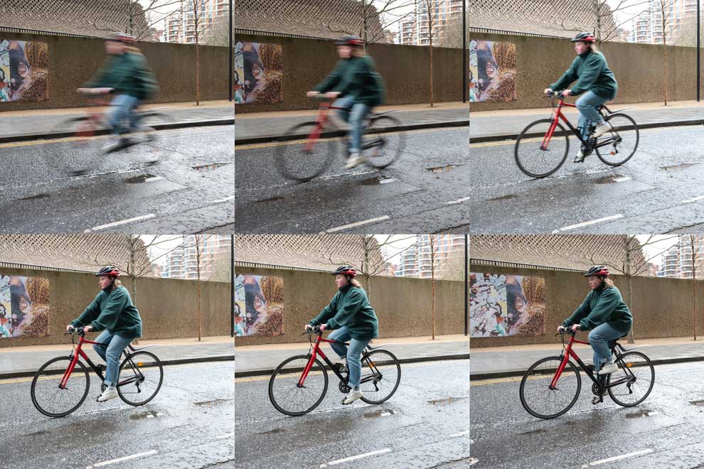 Experimente a velocidade do obturador at obter o resultado desejado. Da esquerda para a direita, de cima para baixo: 1/15, 1/40, 1/125, 1/400, 1/1000, 1/4000.